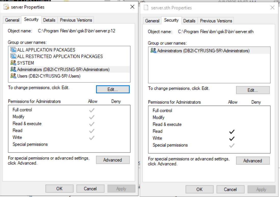 Details of the Db2 service showing the permissions of the Administrator user